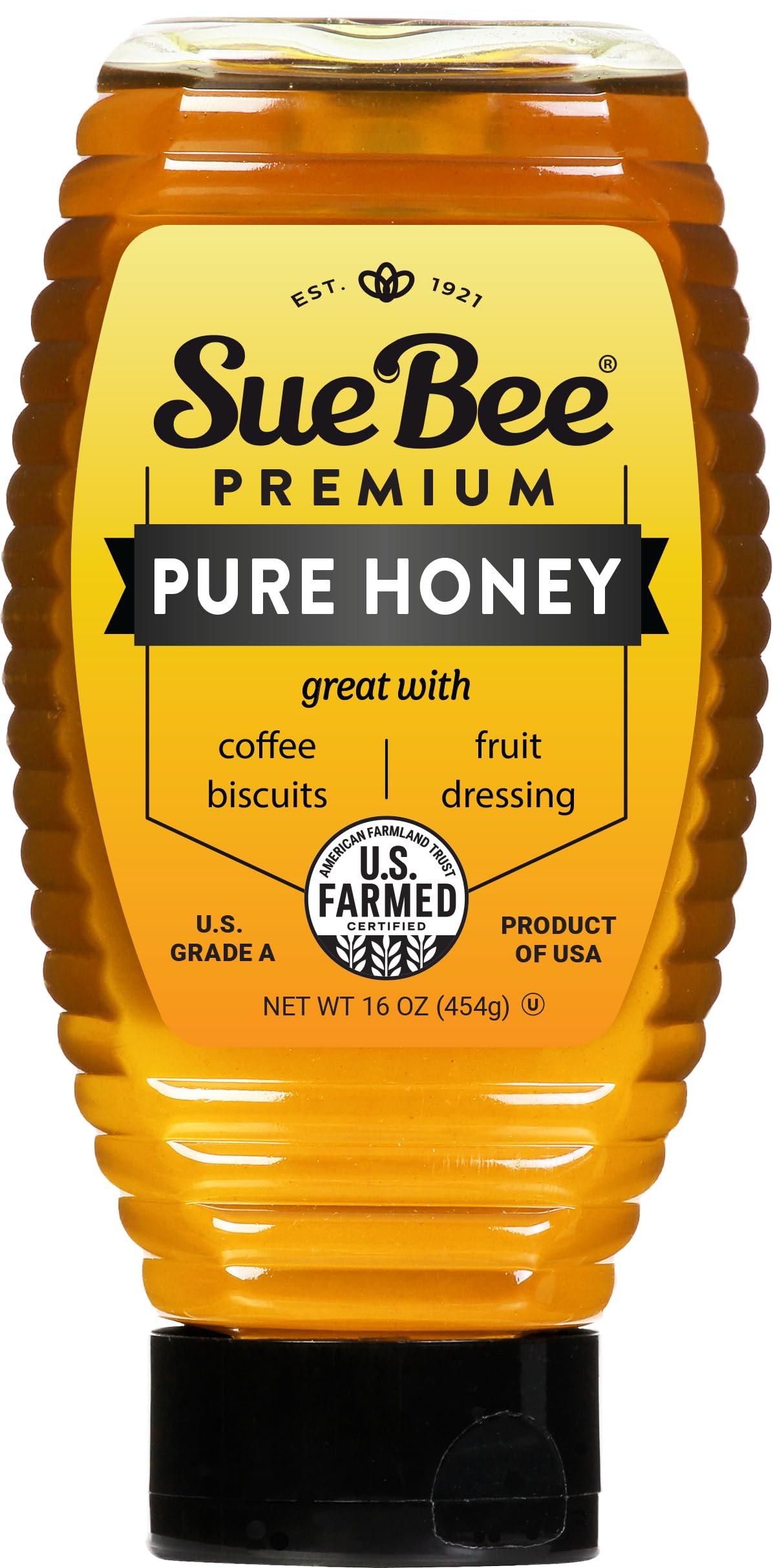 Sue Bee pure premium honey bottle pour showing pure flavor and versatility