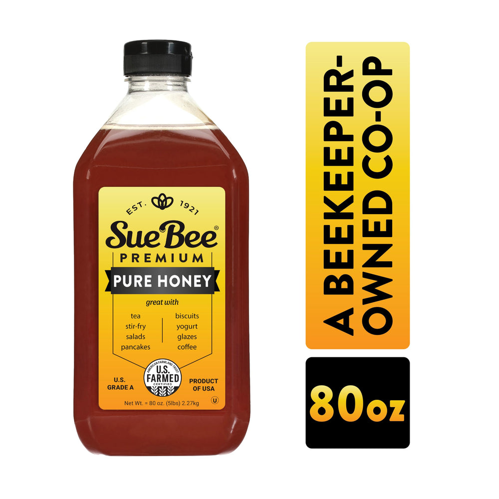 Sue Bee honey USA origin bottle highlights regional authenticity.