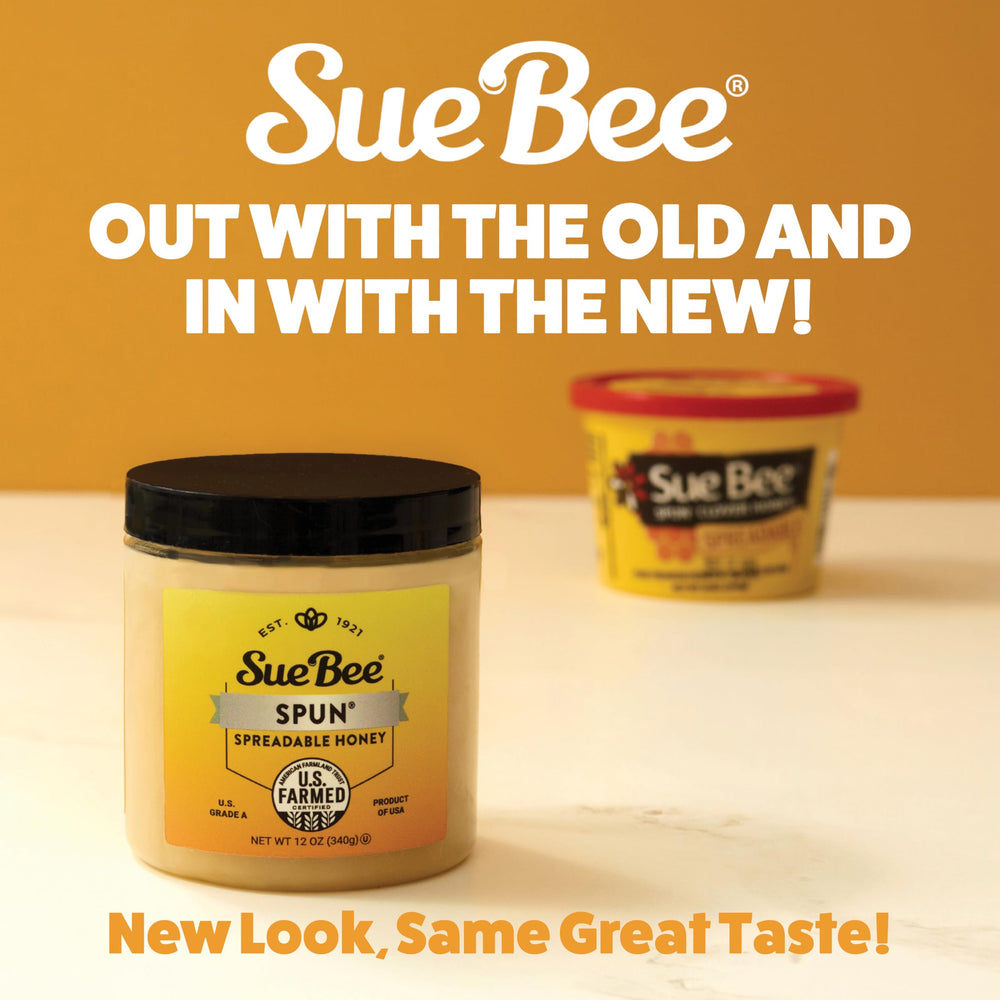 Sue Bee Premium Spun Honey jar close-up, showcasing clear color and premium quality.