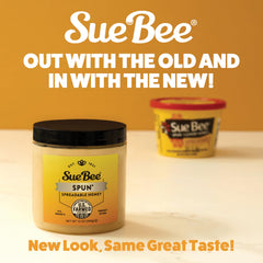 Sue Bee Premium Spun Honey jar close-up, showcasing clear color and premium quality.
