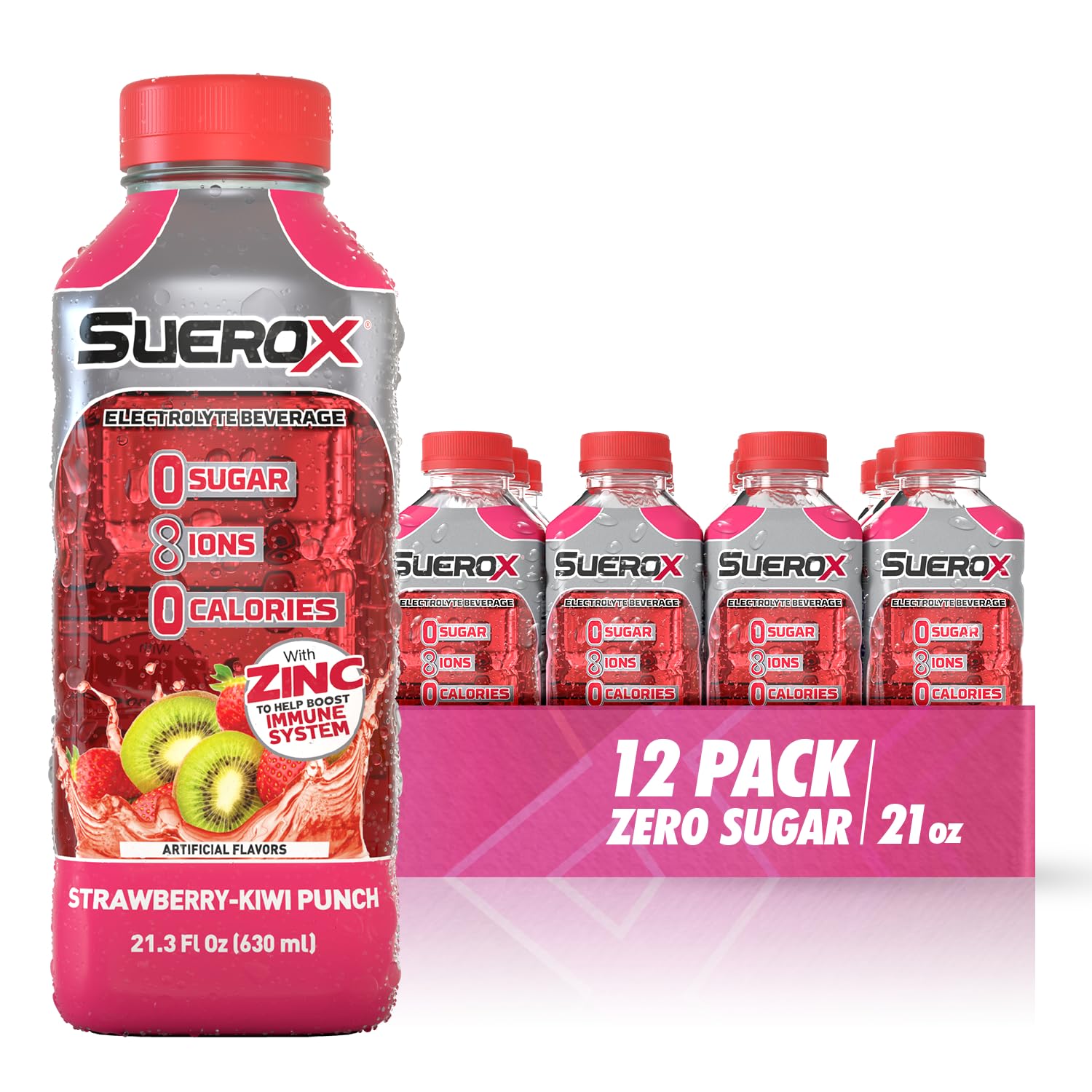SueroX bottle pouring Strawberry-Kiwi to support quick hydration during workouts.
