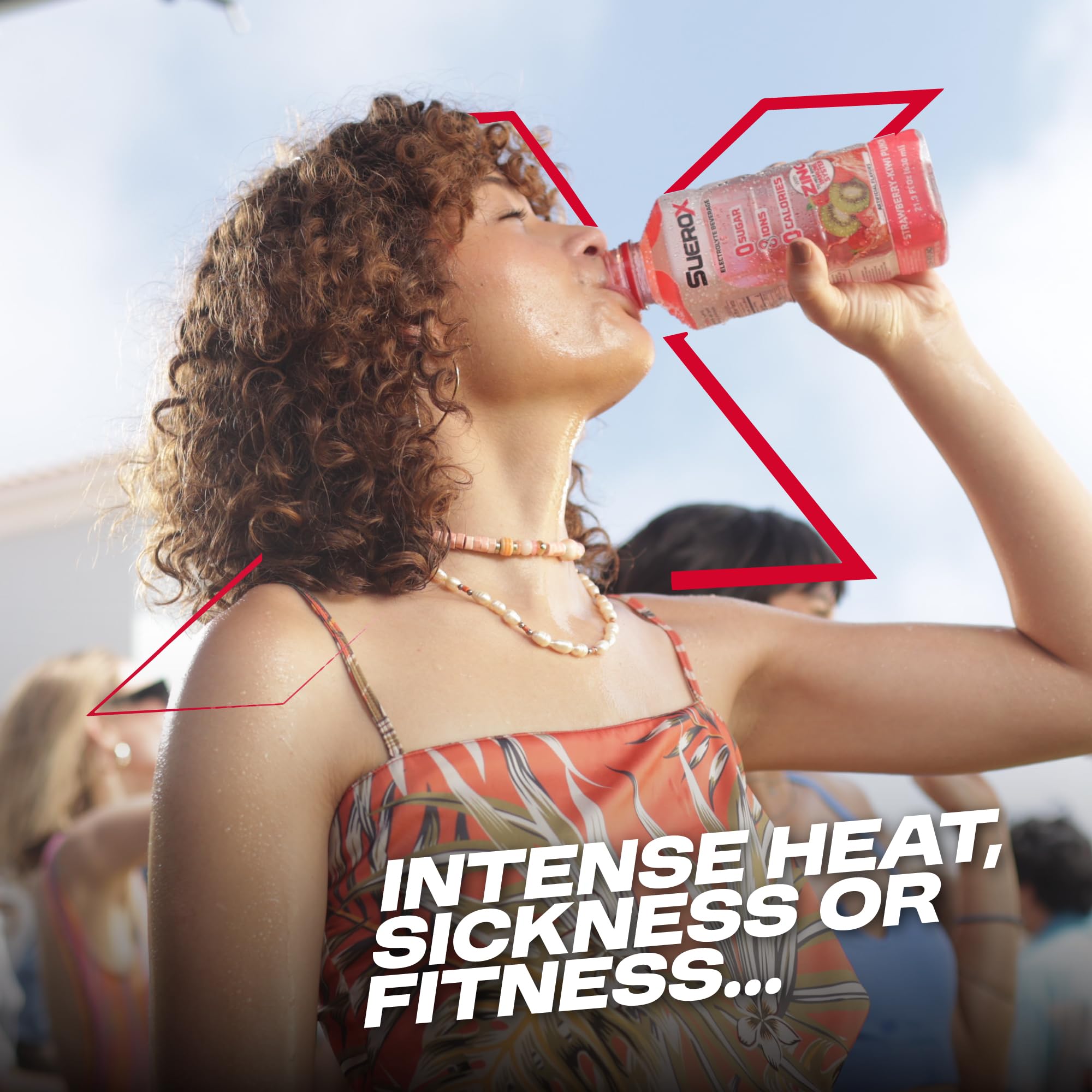 SueroX bottle with glass and pour highlights convenient serving for daily hydration