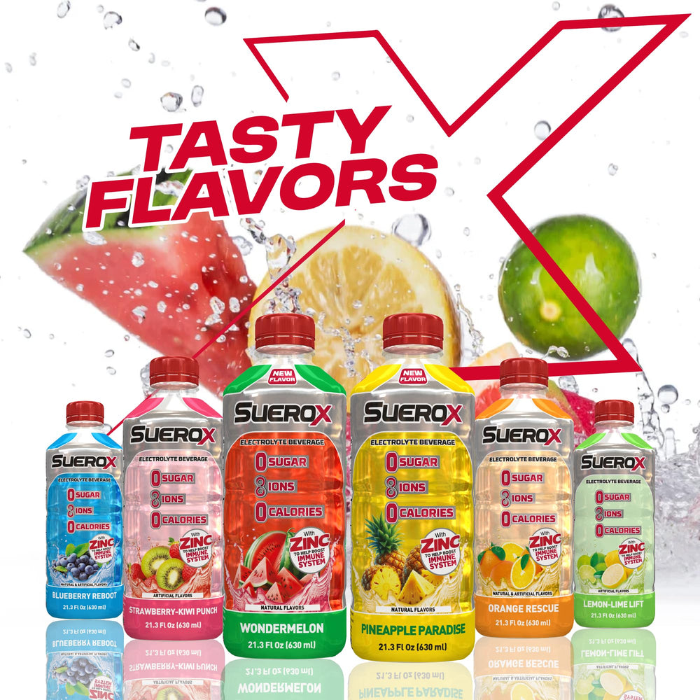 Display of SueroX flavors highlighting seven tasty options.