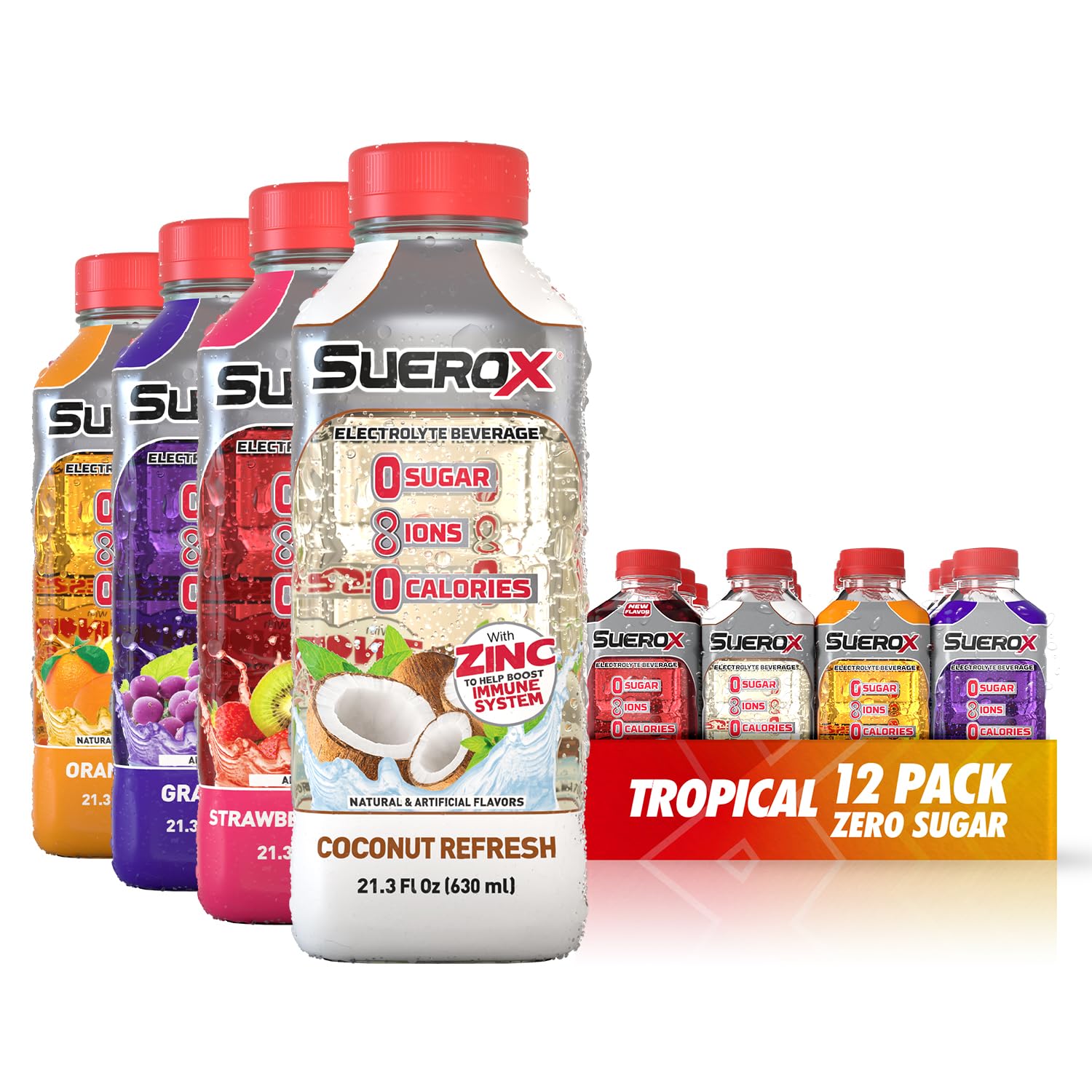 SueroX sugar-free sport drink bottle front promotes zero-calorie hydration for busy days