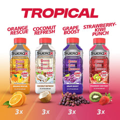 SueroX tropical orange flavor bottle highlights refreshing hydration for on-the-go athletes