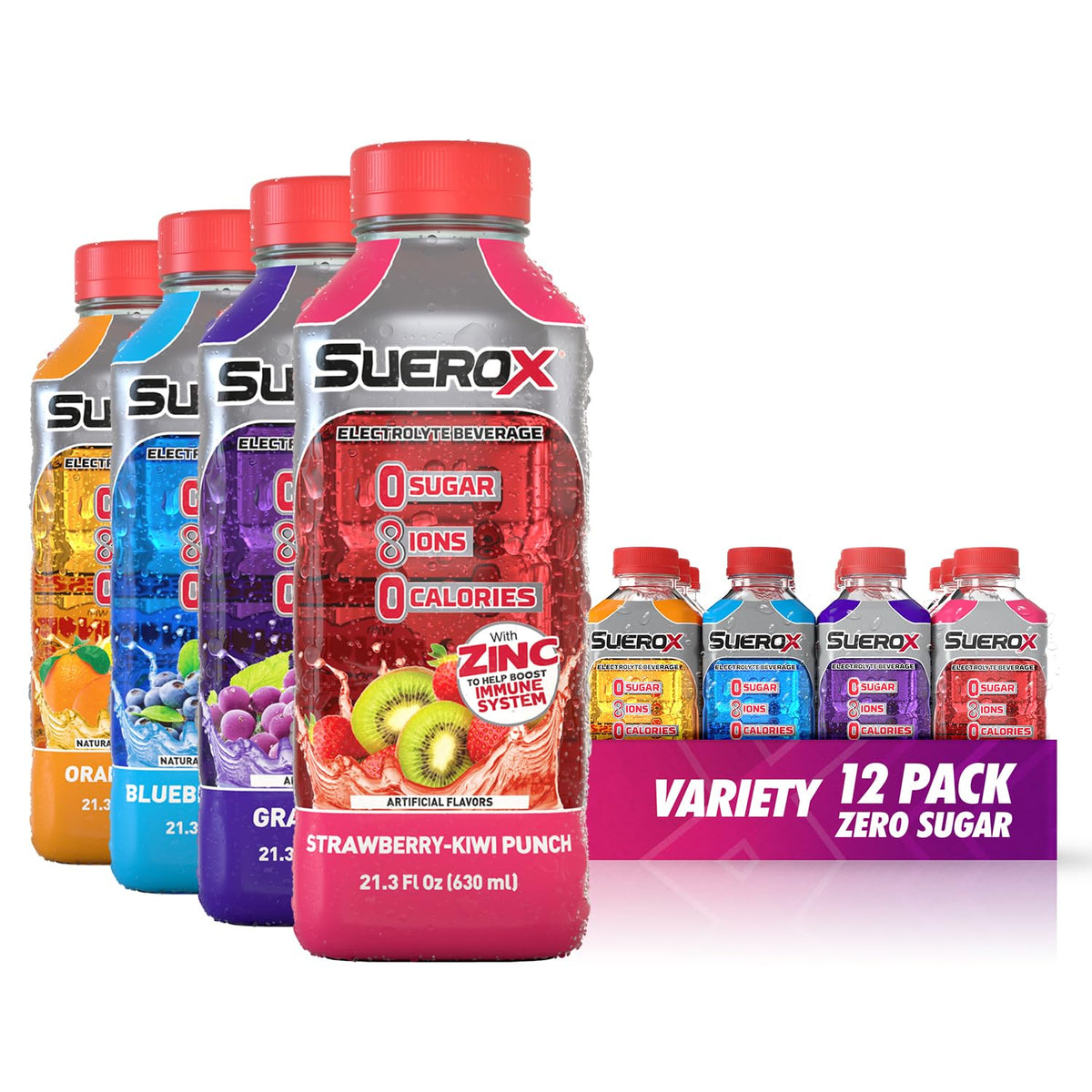 SueroX Zero Sugar electrolyte bottle front for refreshing hydration on the go