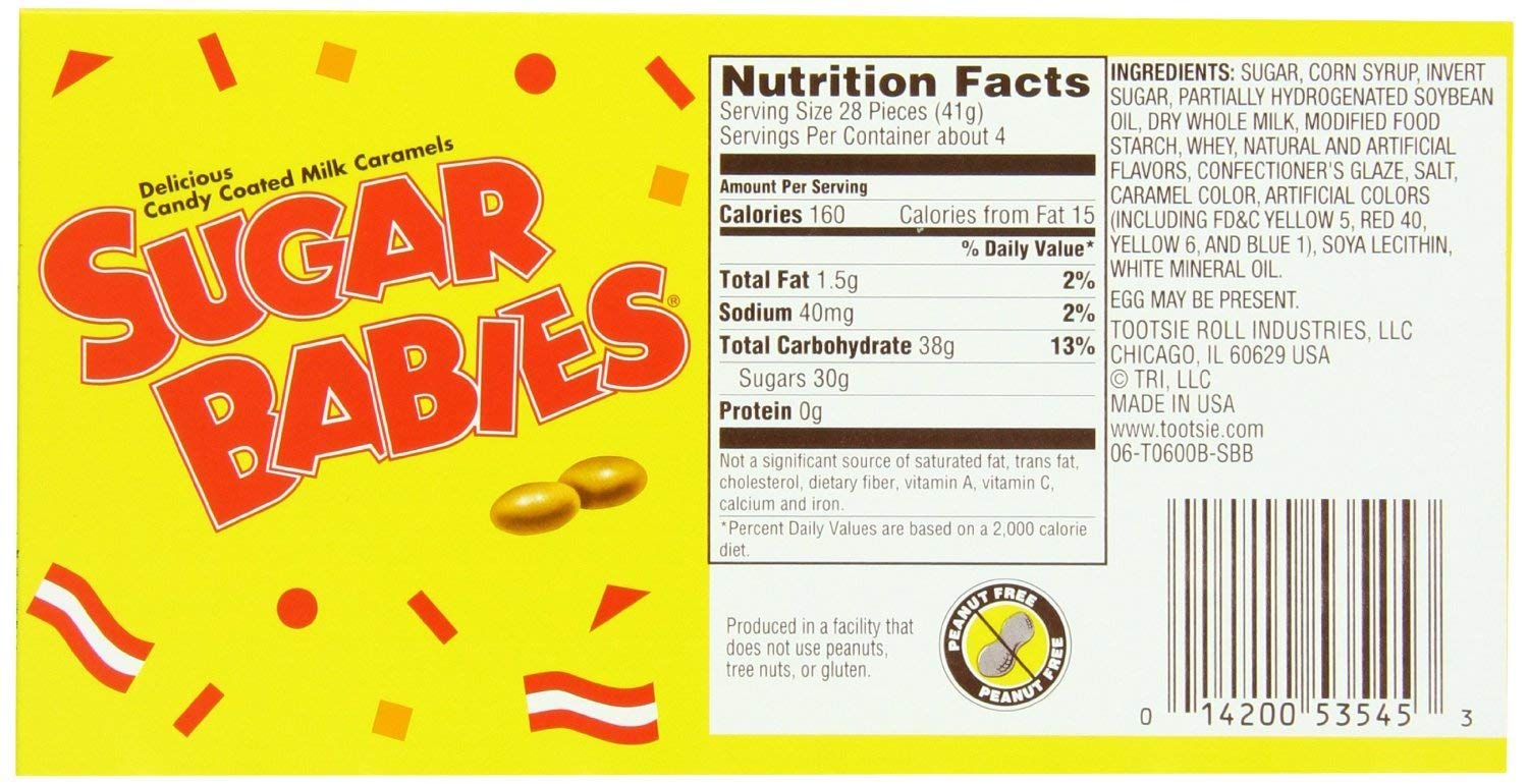Sugar Babies theater box 6 oz pack of 5 back view, great for gift baskets.