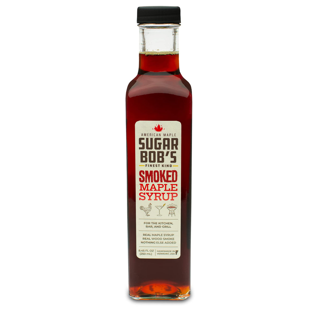 Sugar Bob's Finest Kind smoked maple syrup bottle adds rich maple smoke to dishes.