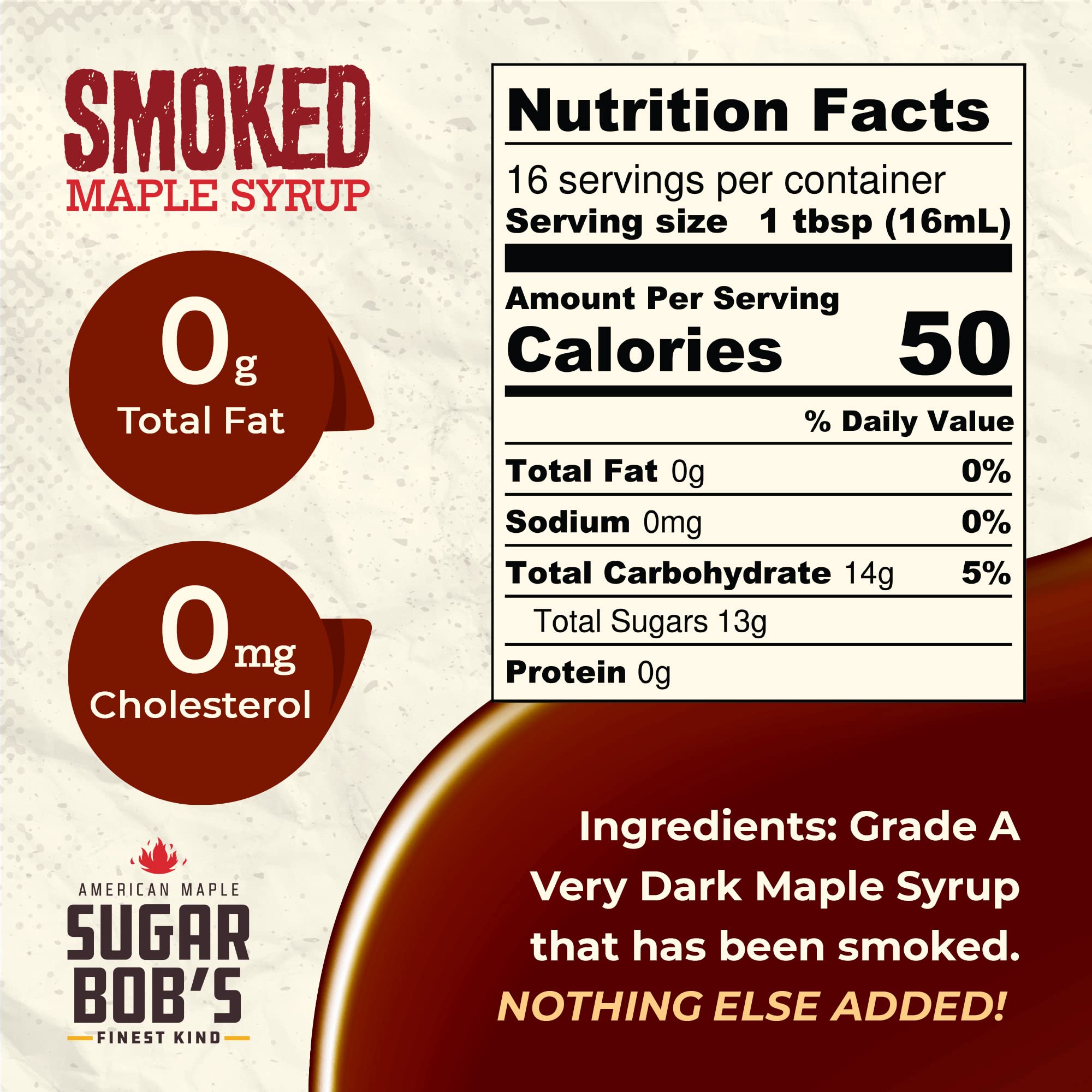Sugar Bob's Finest Kind smoked maple syrup being poured for cocktails and sauces.