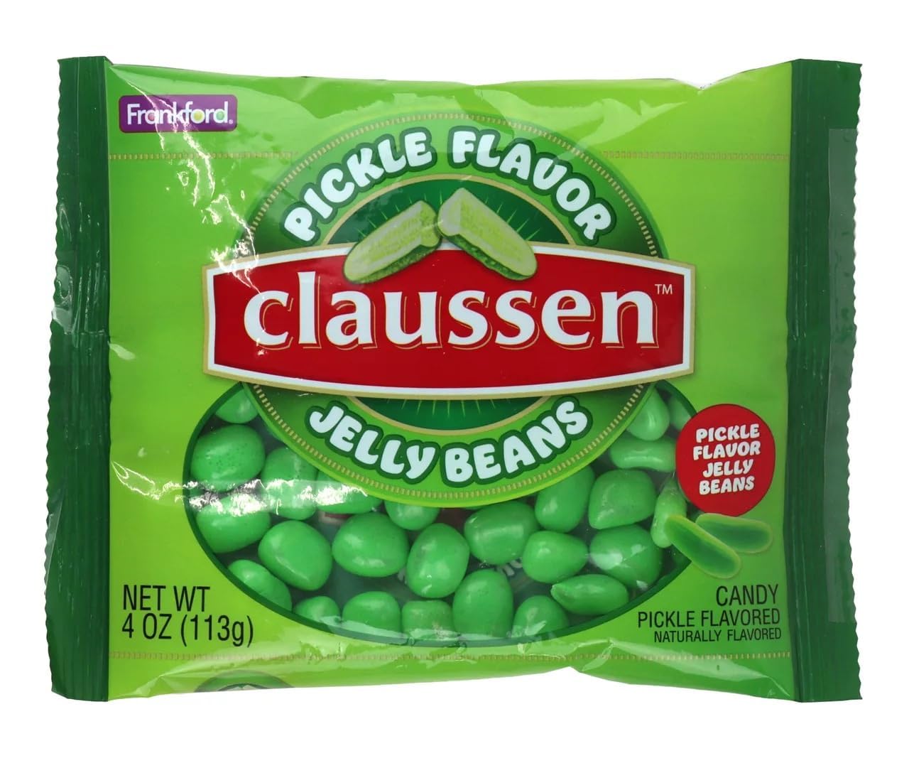 Sugar Creek pickle-flavored jelly beans in a 4oz bag, festive Easter treat.