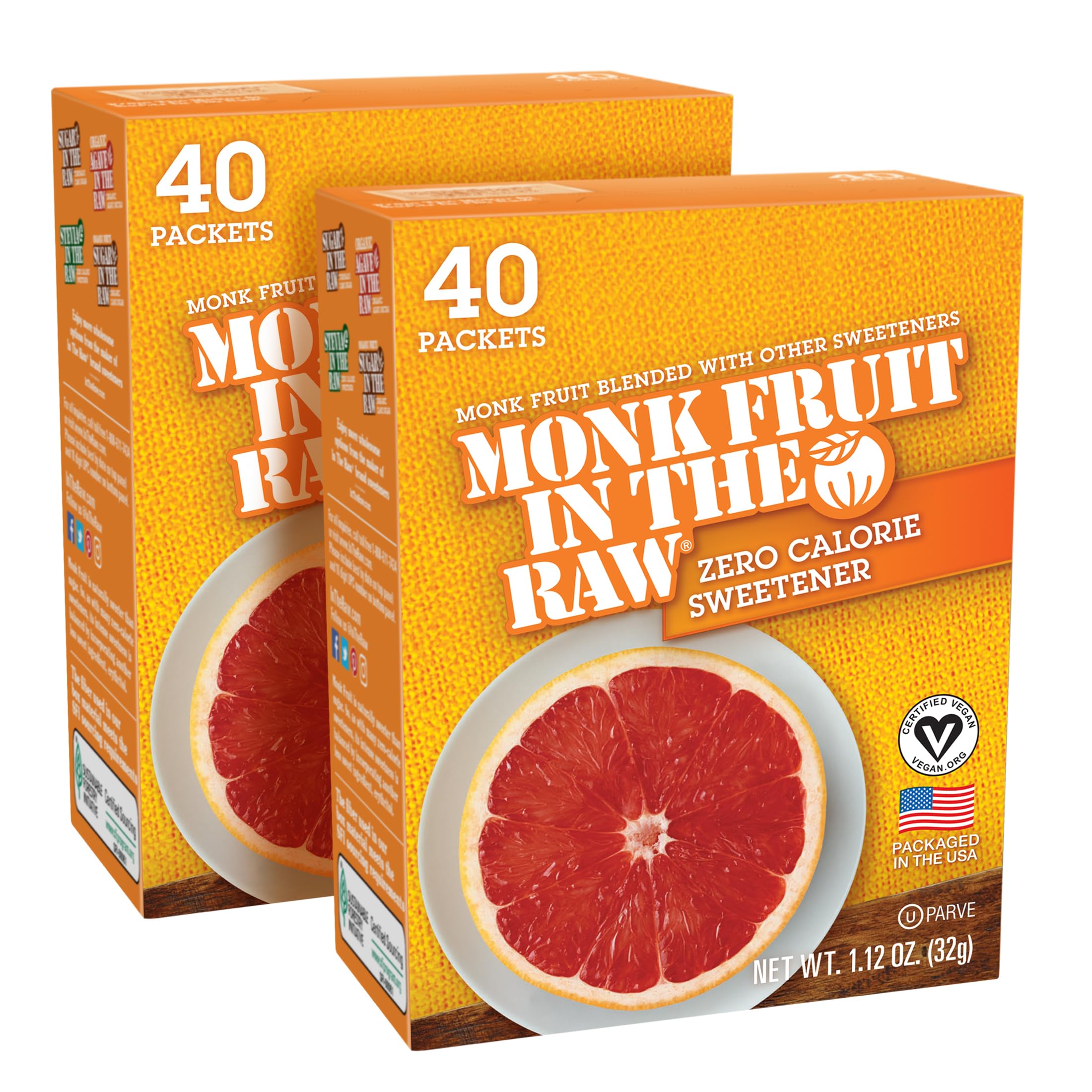 Sugar In The Raw Monk Fruit Packets packaging shown for zero-calorie sweetness.