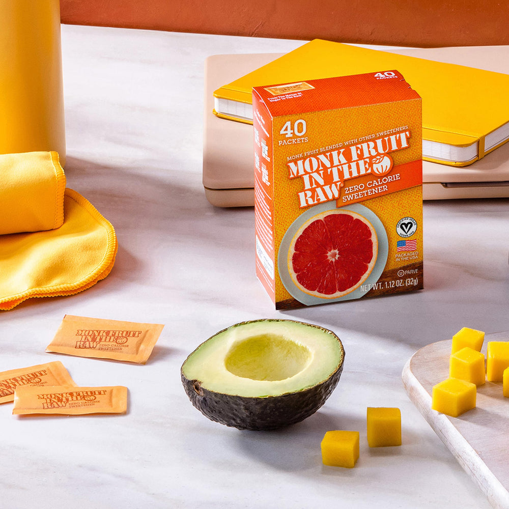 Sugar In The Raw monk fruit packets highlighting vegan, gluten-free benefits