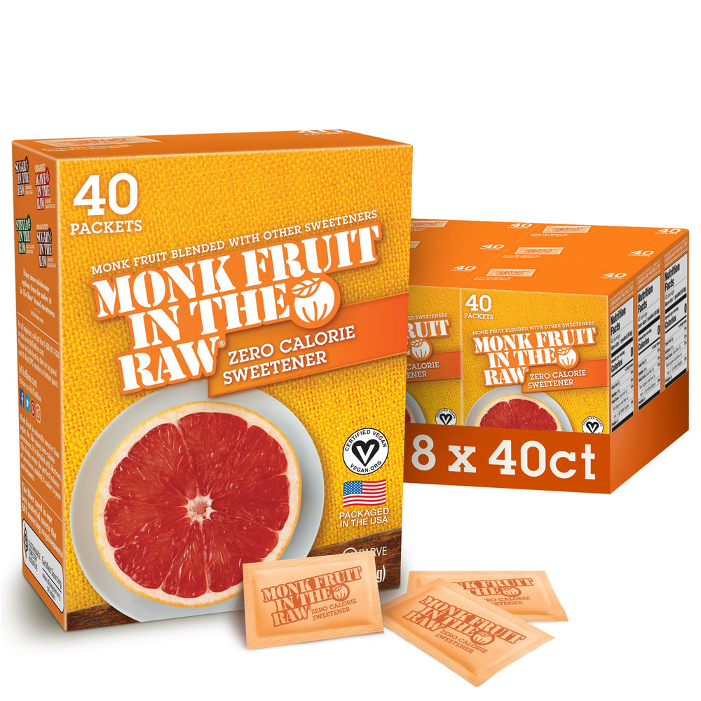 Sugar In The Raw monk fruit packets in box, convenient zero-calorie sweetener for everyday use