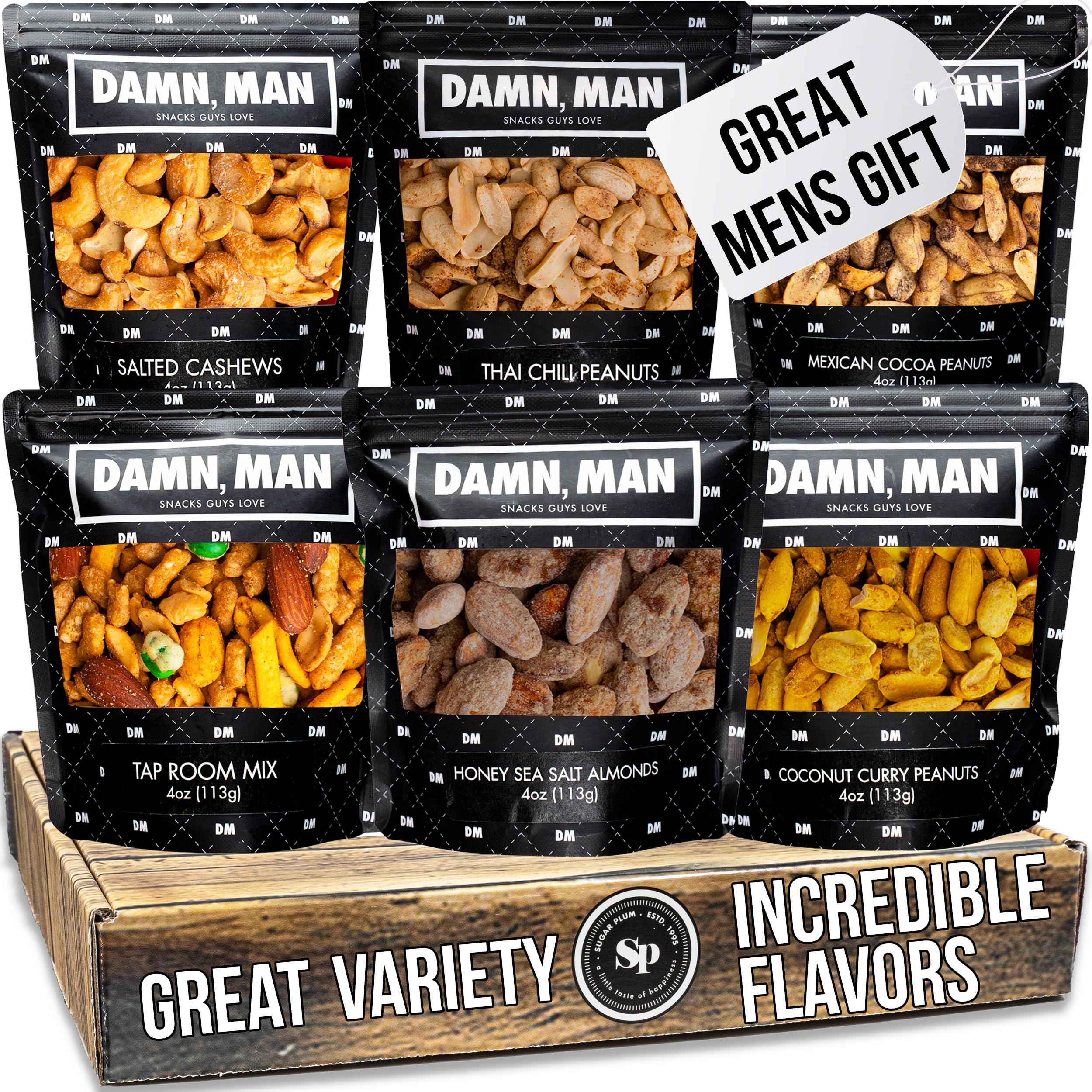 Sugar Plum gourmet nuts gift basket contents display six flavors for shareable snacking