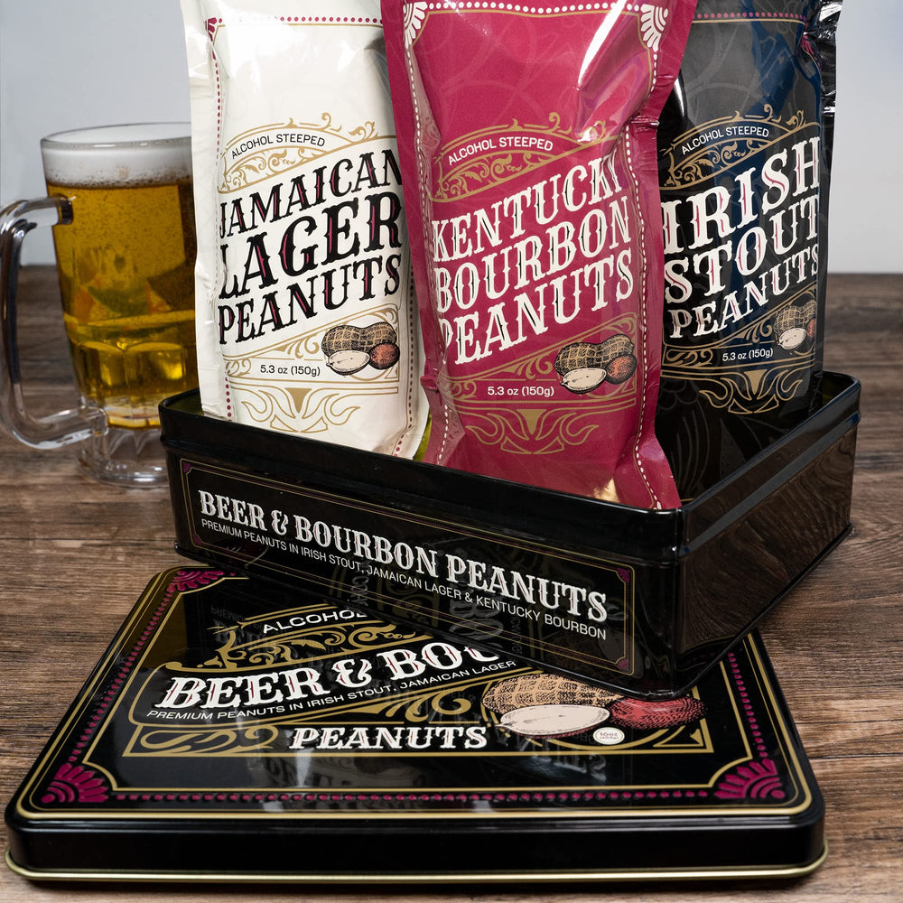 SUGAR PLUM Jamaican Lager peanuts in tasting-size pouches for snacking.