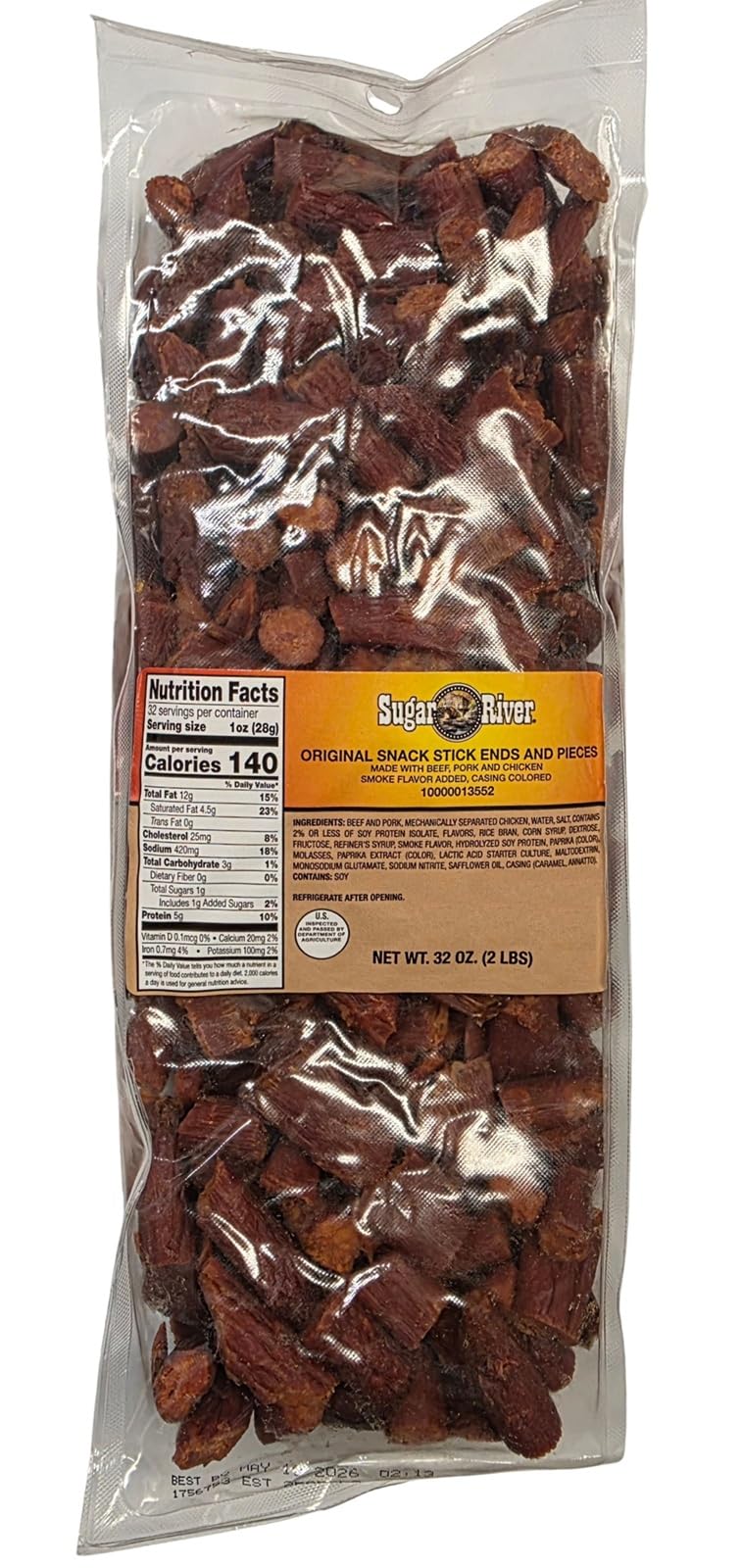 Sugar River Meat Snack Ends & Pieces bag, 2lb, savory bites for on-the-go snacking.