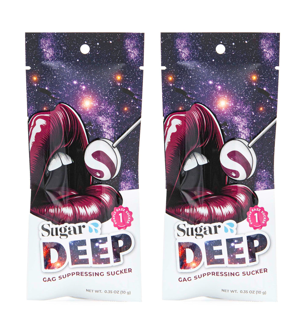 Sugar Splash DEEP gag suppressing sucker purple raspberry pack front shows date-night friendly design