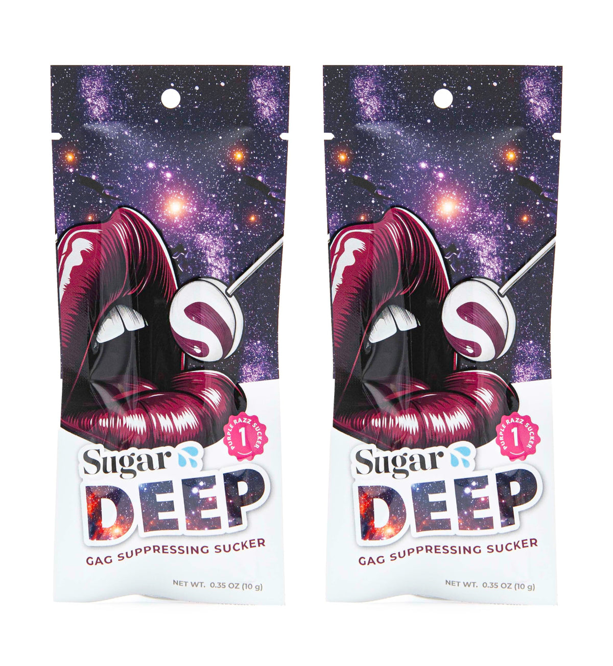 Sugar Splash DEEP gag suppressing sucker purple raspberry pack front shows date-night friendly design