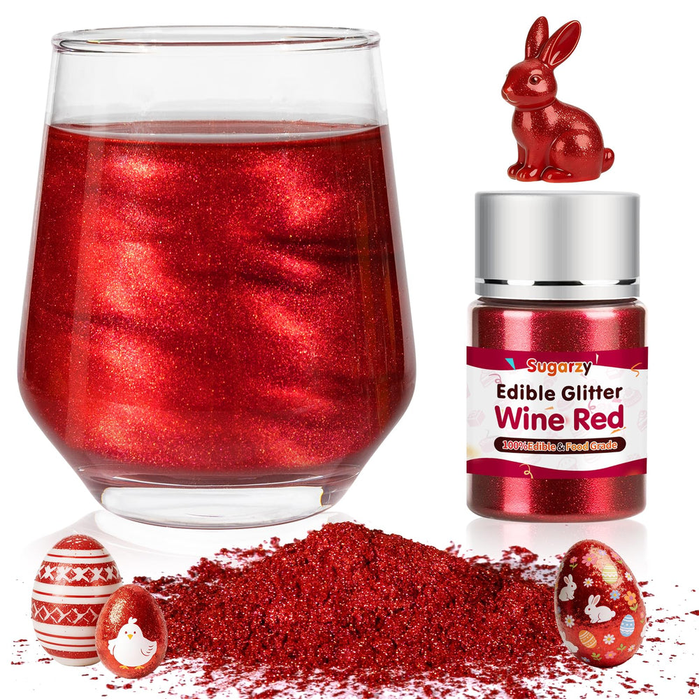 Sugarzy edible red glitter bottle pouring vibrant sparkles onto cakes and drinks