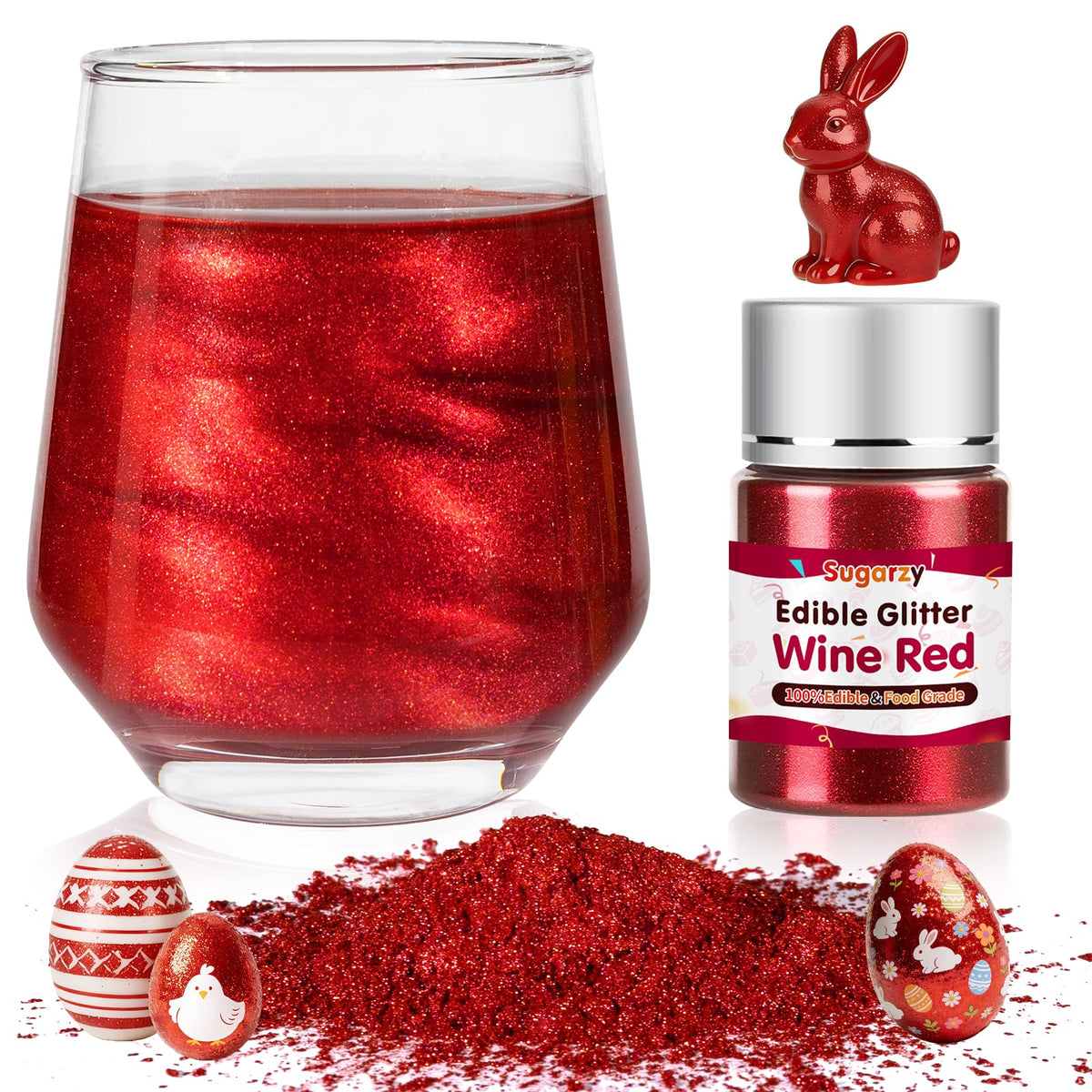 Sugarzy edible red glitter bottle pouring vibrant sparkles onto cakes and drinks