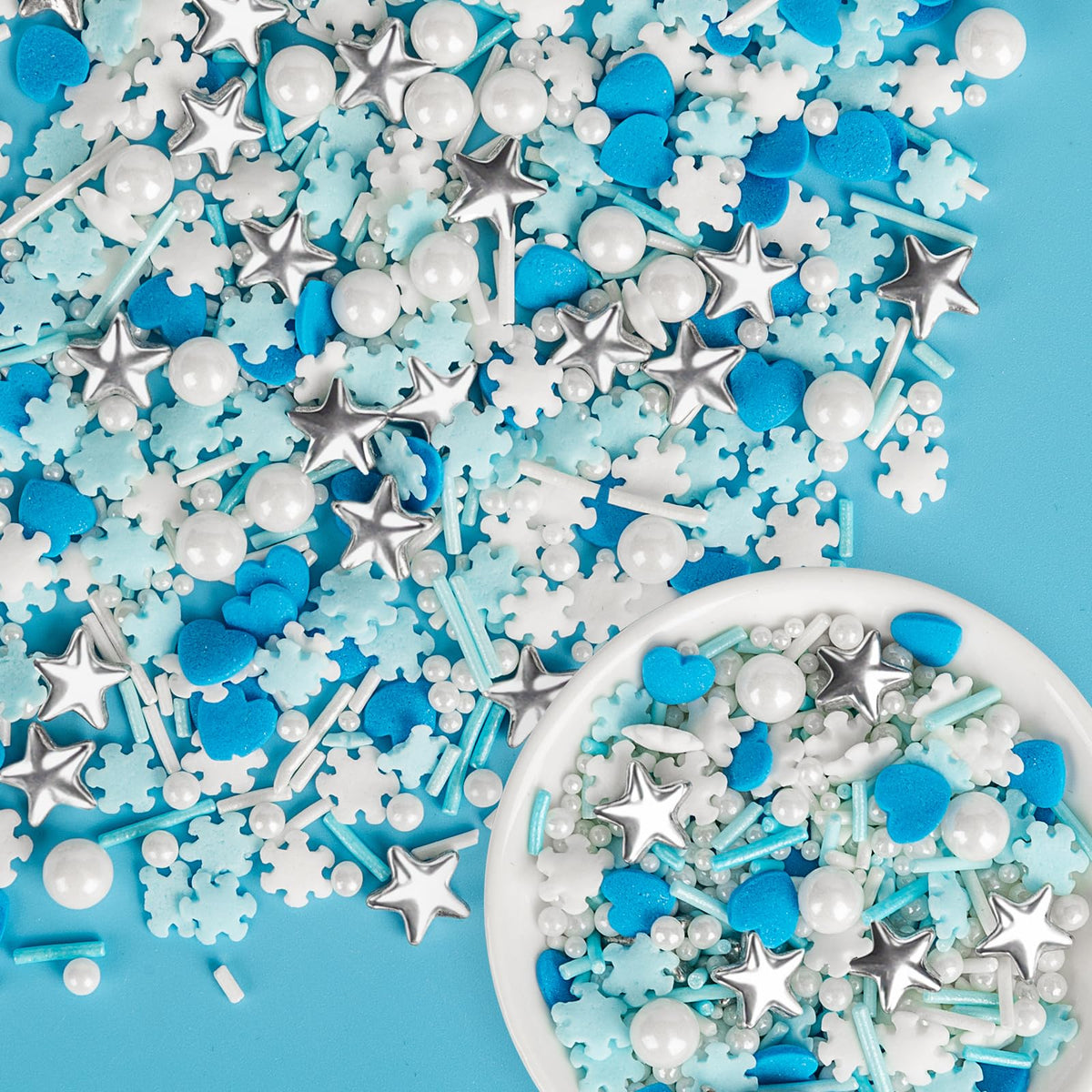Sugarzy blue heart sprinkles for cakes and cupcakes, adding festive edible sparkle.