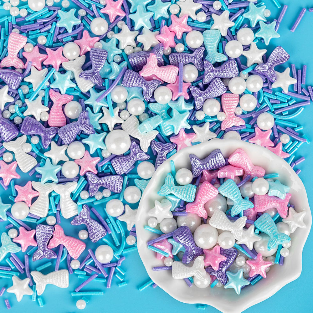 Sugarzy Mermaid Sprinkles pearls bottle adds shimmering ocean sparkle to desserts.