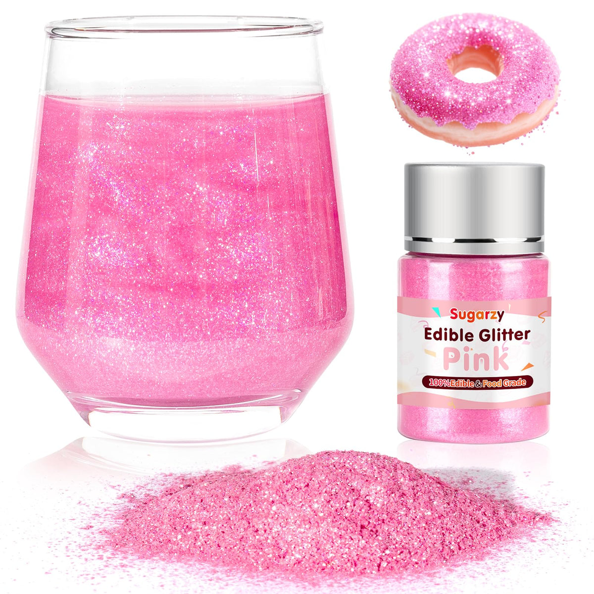 Sugarzy pink edible glitter bottle adds vibrant shimmer to drinks and desserts.