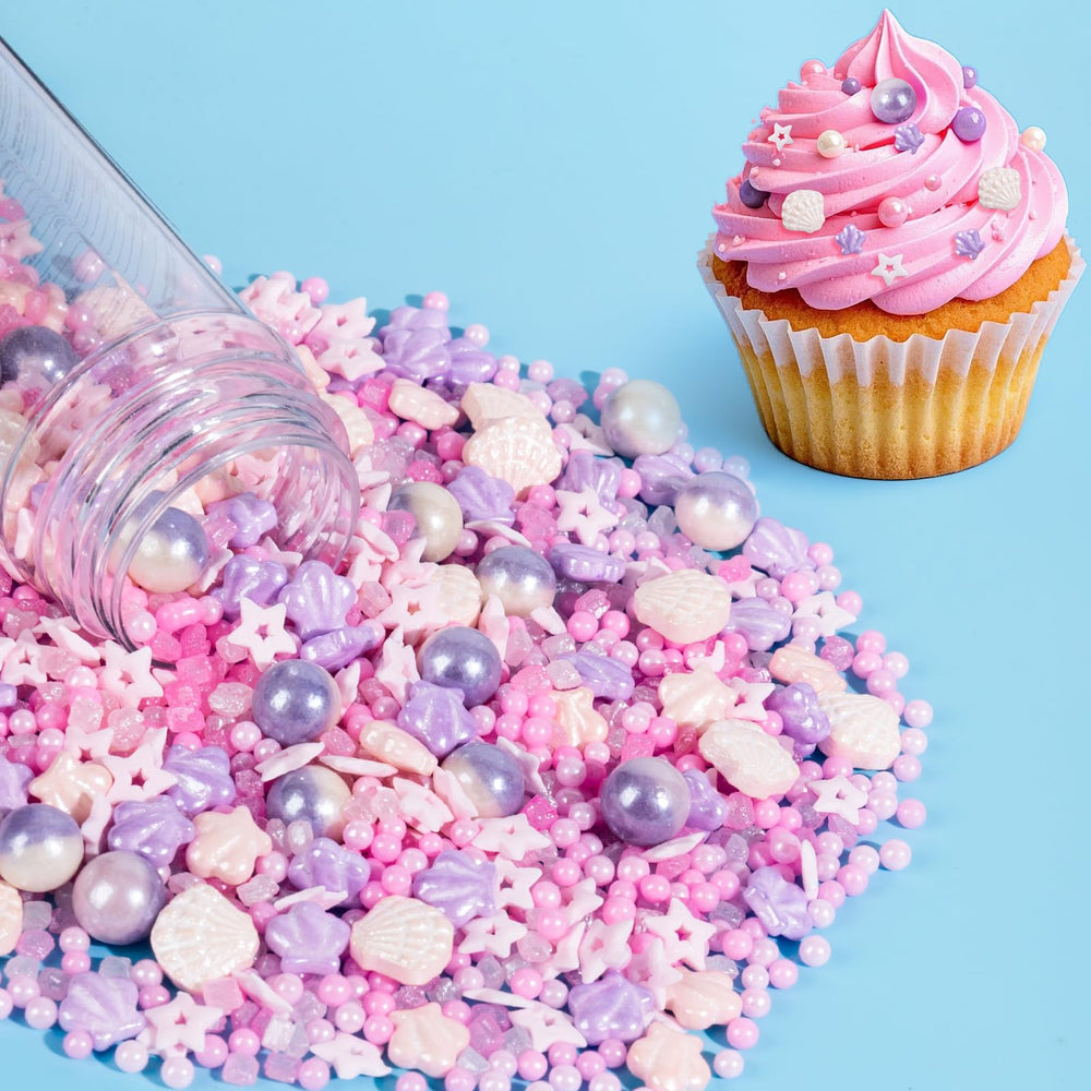 Sugarzy seashell and star sprinkles decorate cupcakes beautifully.