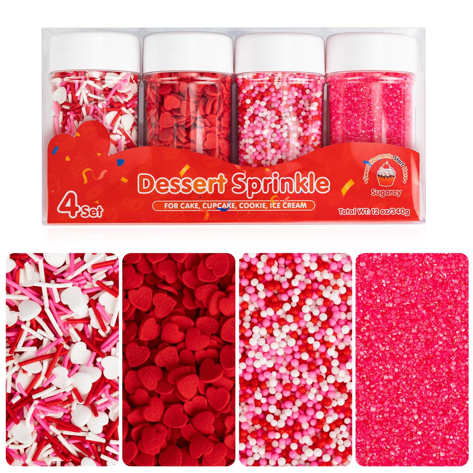 Sugarzy Valentine heart sprinkles four-pack for cake decoration.