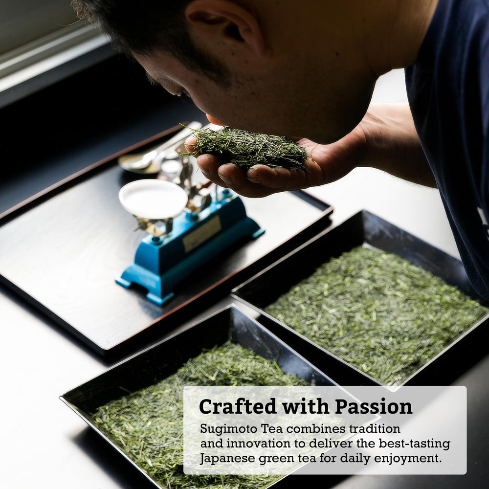 SUGIMOTO TEA packaging freshness image, nitrogen flush indicating quality and longevity.