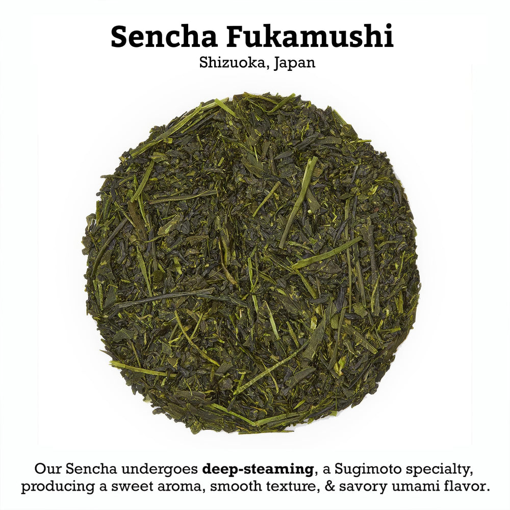 SUGIMOTO TEA Sencha Fukamushi loose leaf close-up highlighting aroma.