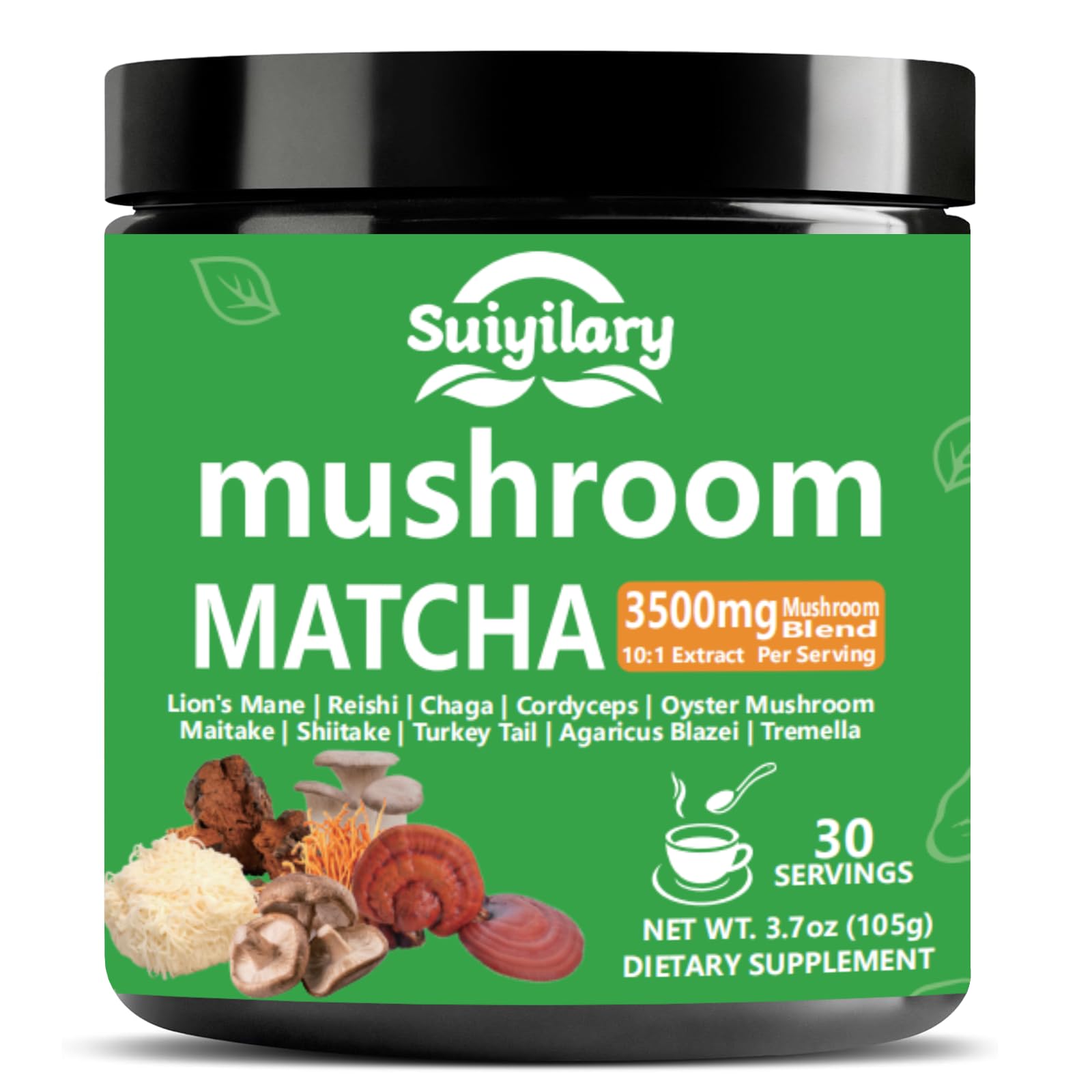 Suiyilary 10-mushroom matcha tin showing vibrant powder for focused mornings.