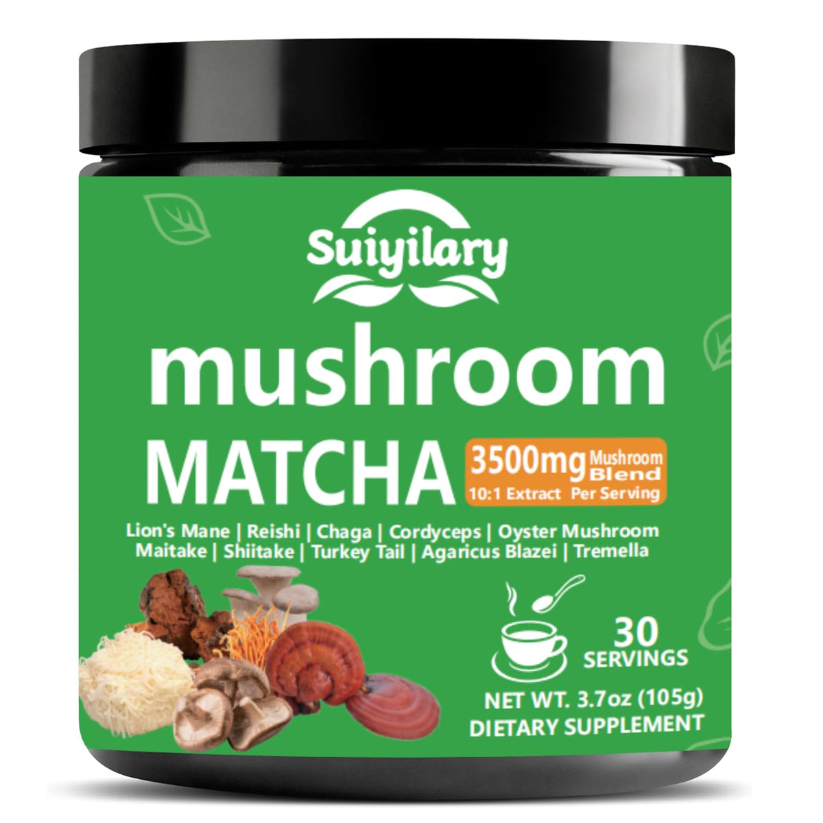 Suiyilary 10-mushroom matcha tin showing vibrant powder for focused mornings.