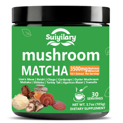 Suiyilary 10-mushroom matcha tin showing vibrant powder for focused mornings.