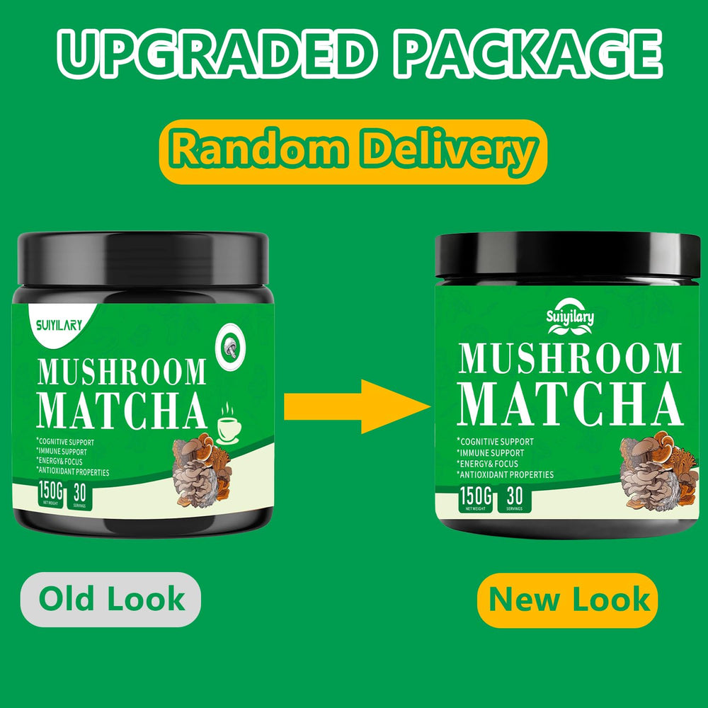 Suiyilary Mushroom Matcha powder measured with a spoon for a quick energy-boosting drink.