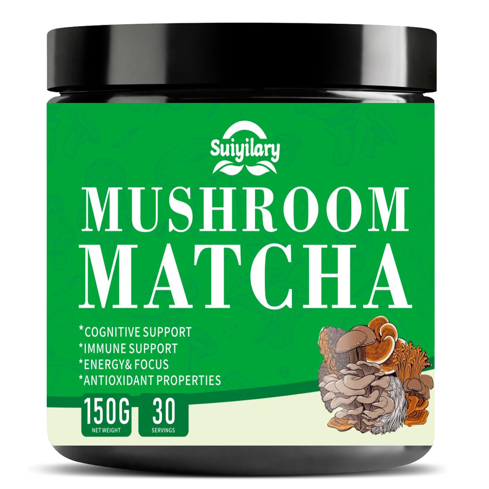 Suiyilary Mushroom Matcha powder in tin closeup for a gluten-free, low-sugar latte.