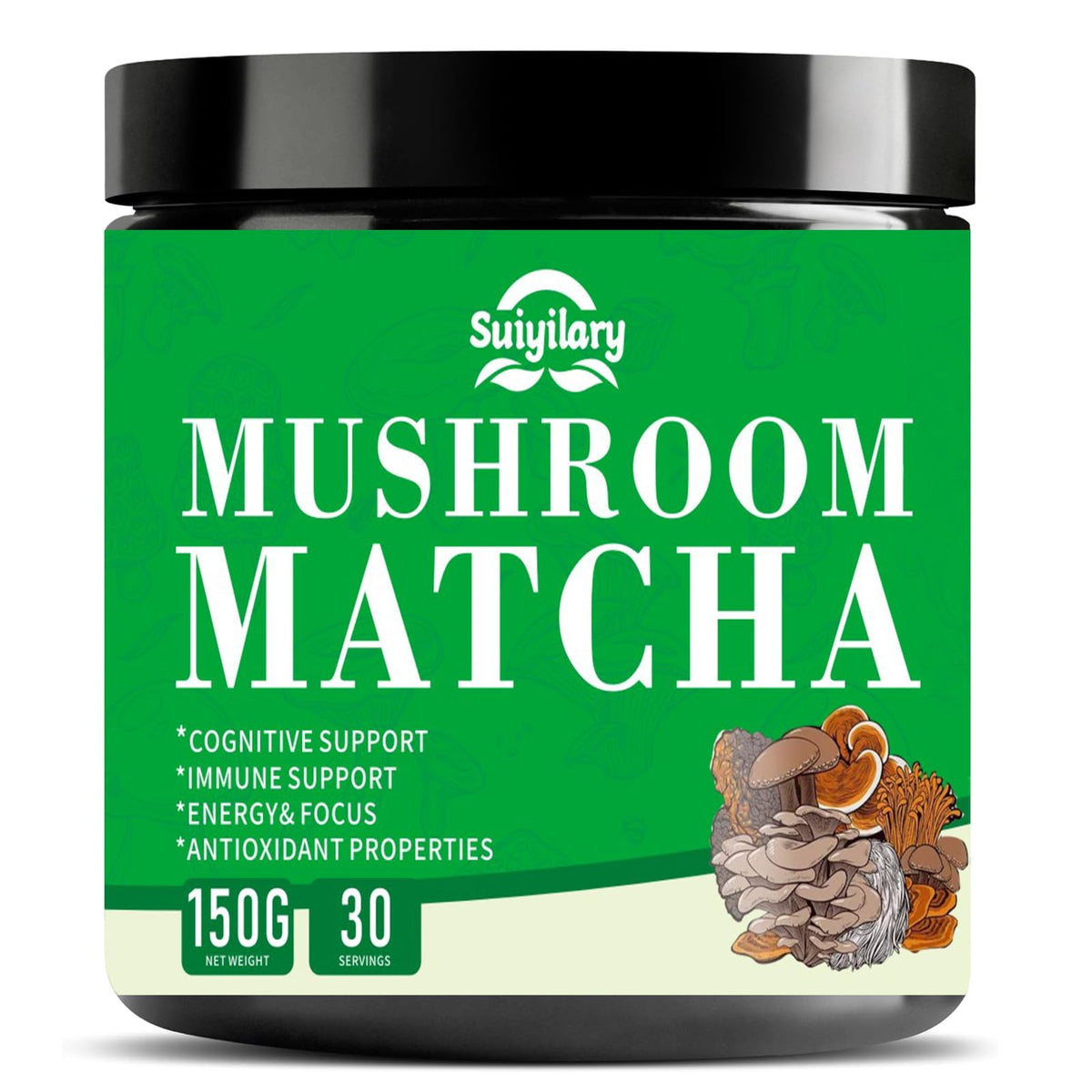 Suiyilary Mushroom Matcha powder in tin closeup for a gluten-free, low-sugar latte.