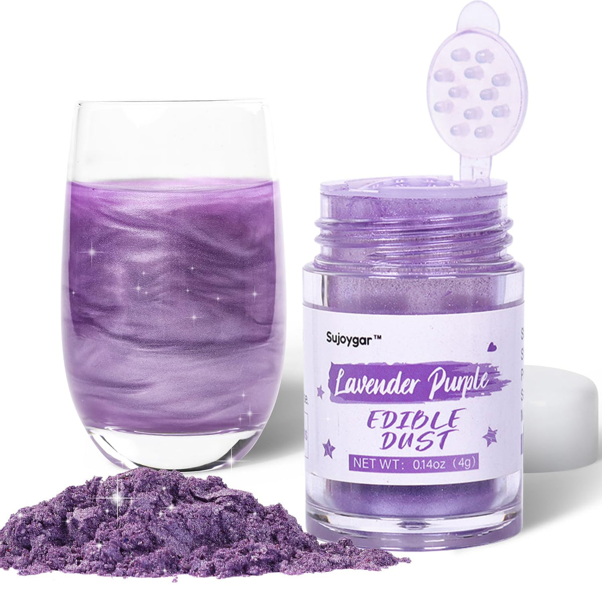 Sujoygar lavender glitter bottle adds shimmering color to drinks and desserts.