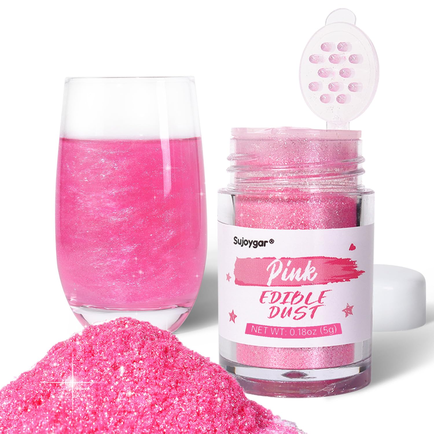 Sujoygar Pink Edible Glitter bottle close-up for drinks and desserts