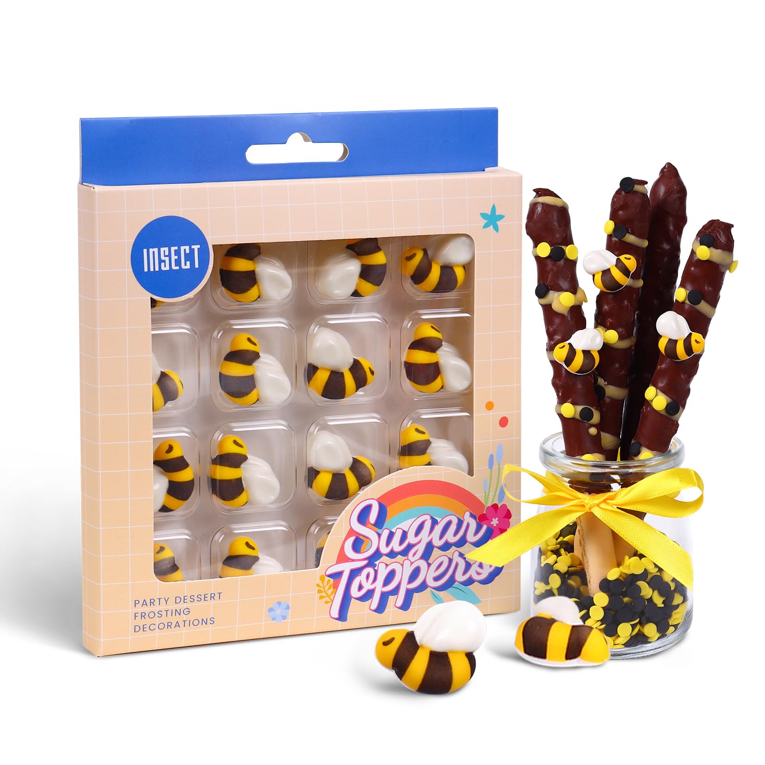 Sujoygar royal icing bees cake toppers for delicate dessert detail.