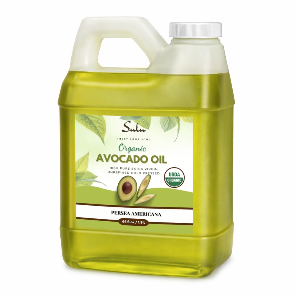 Sulu Organics avocado oil bottle shows a rich green-gold color for versatile cooking.