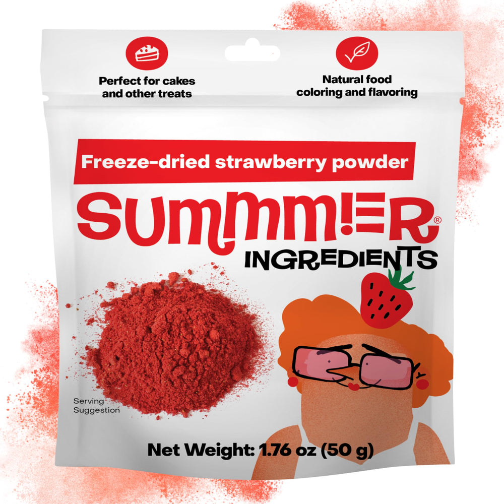 SUMMMER freeze-dried strawberry powder bottle adds vibrant color to baking and smoothies.