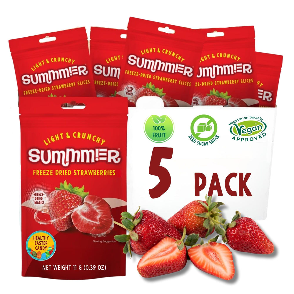 Summmmer freeze-dried strawberries slices 5-pack pack shot, convenient natural snack