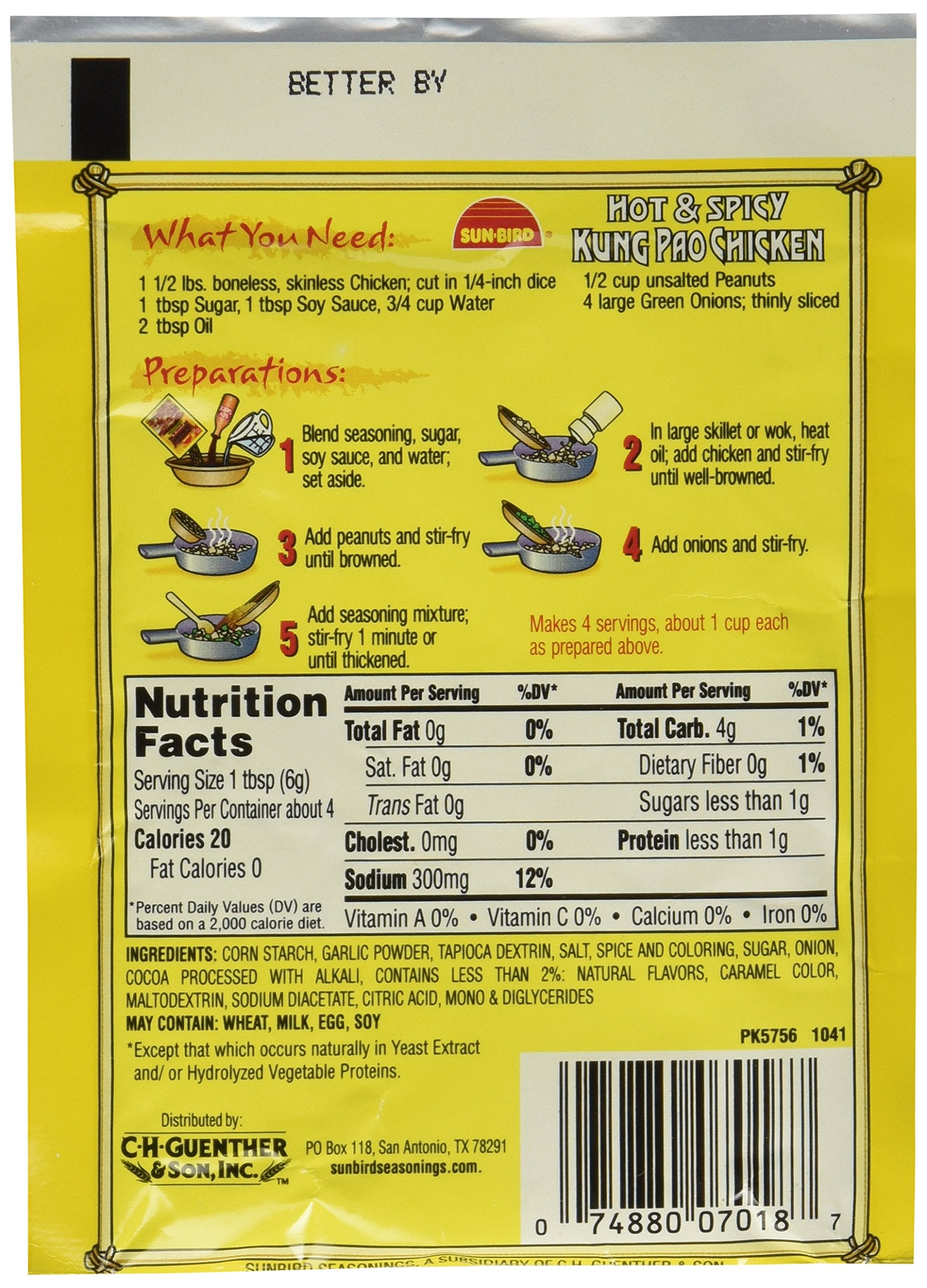 Sun-Bird Kung Pao seasoning pack, back view with usage notes