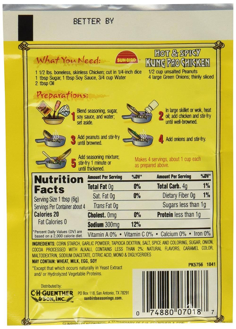 Sun-Bird Kung Pao seasoning pack, back view with usage notes