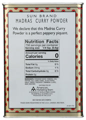 Sun Brand Madras Curry Powder jar close-up highlights rich aroma and color.