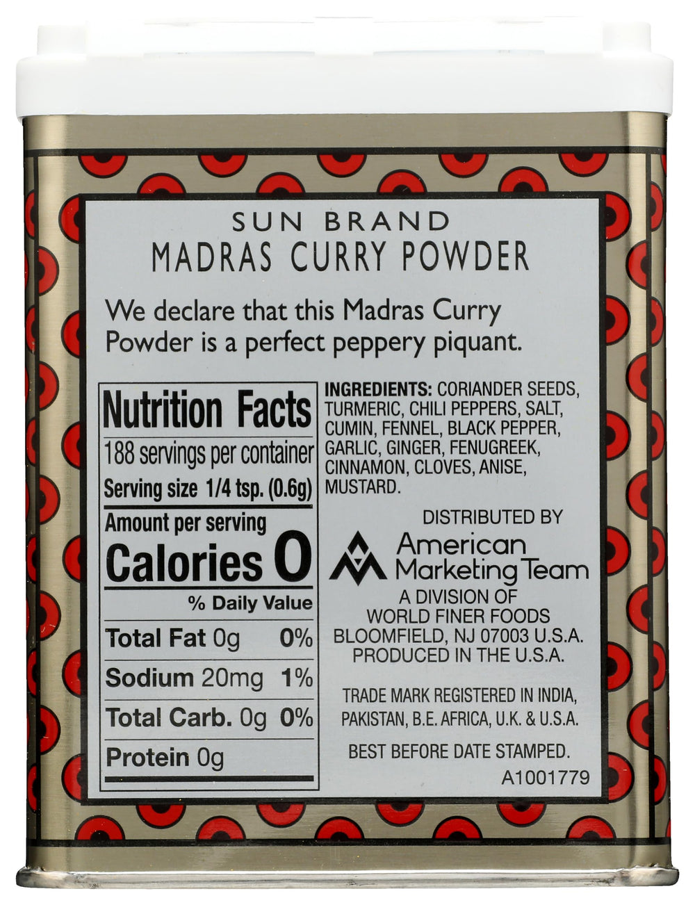 Sun Brand Madras Curry Powder packaging label sits in pantry.