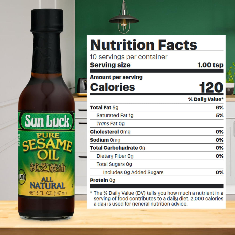 Sun Luck sesame oil aroma lifts wontons, soups, and vegetable dishes with toasted notes.