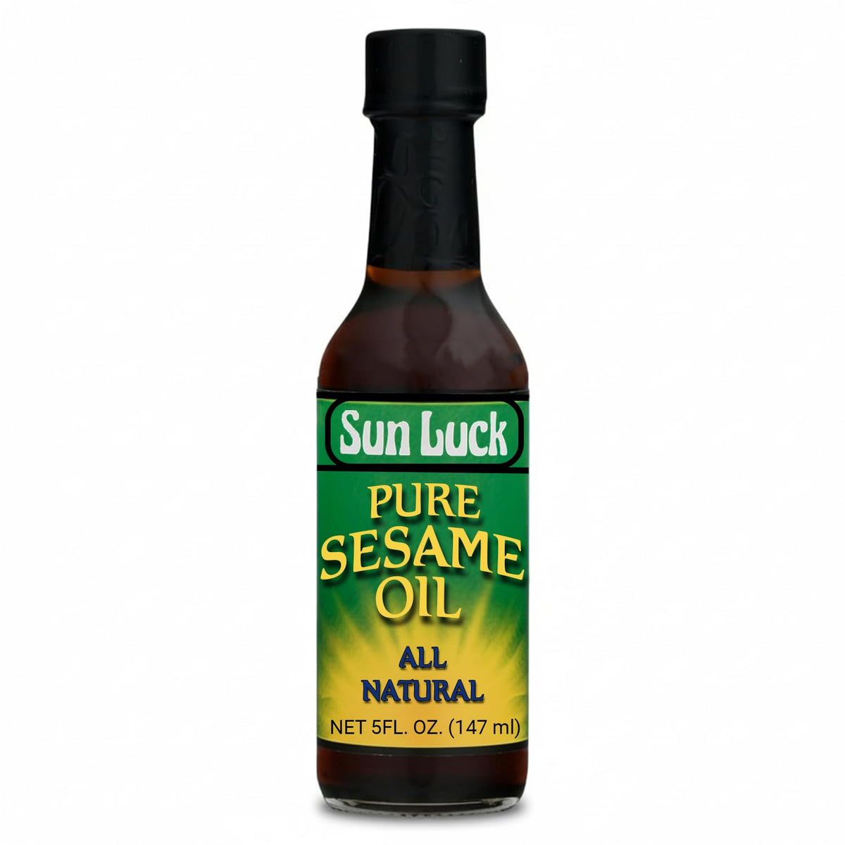 Sun Luck Pure Sesame Oil bottle pour enhances stir-fries with toasted aroma.