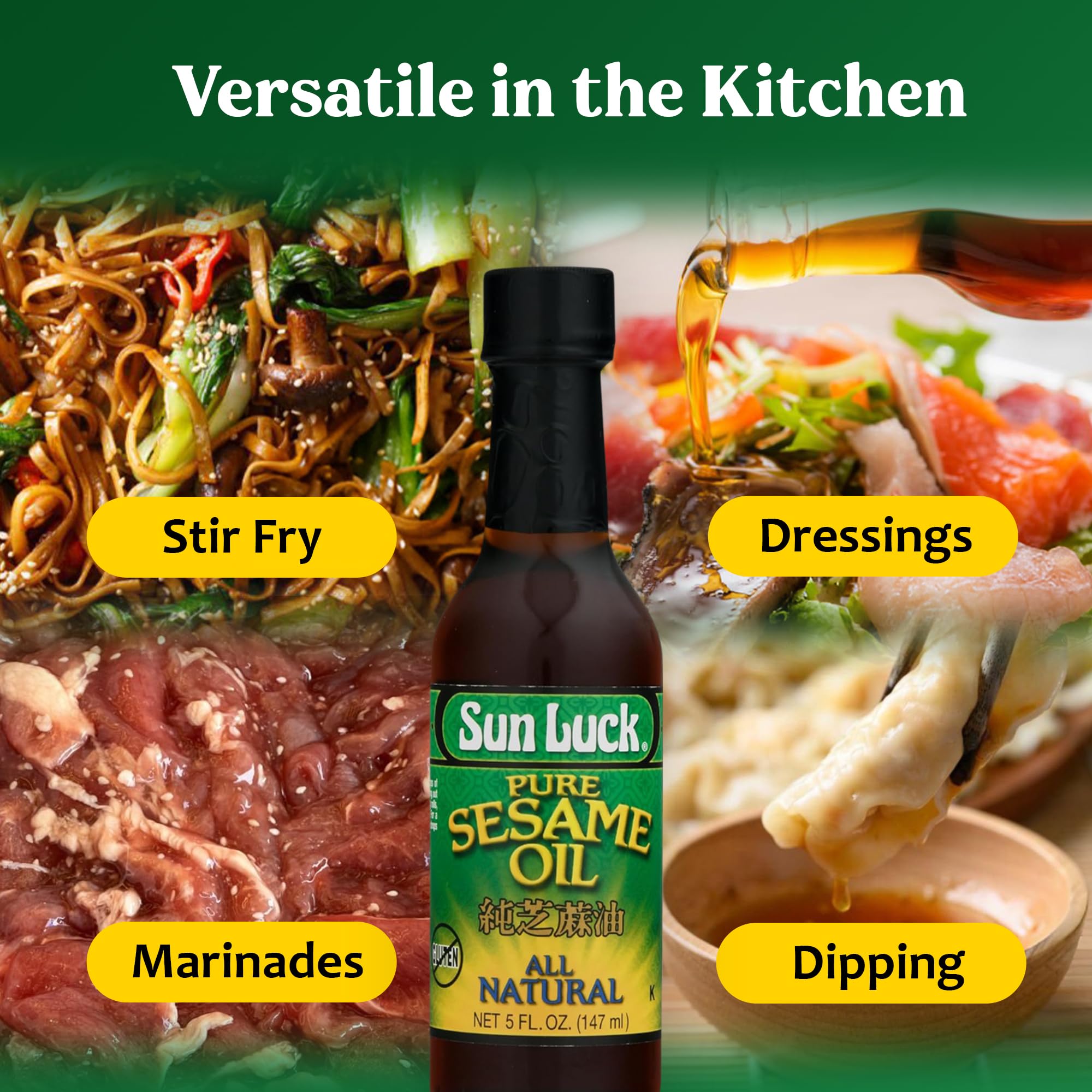 Sun Luck pure sesame oil provides a fragrant, pantry-ready touch to Asian-inspired meals.